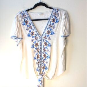 Max Studio Floral Tie Front Top In Cream Blue Multi Size Small